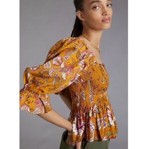 Anthropolgie Smocked Sweetheart Floral Blouse Large